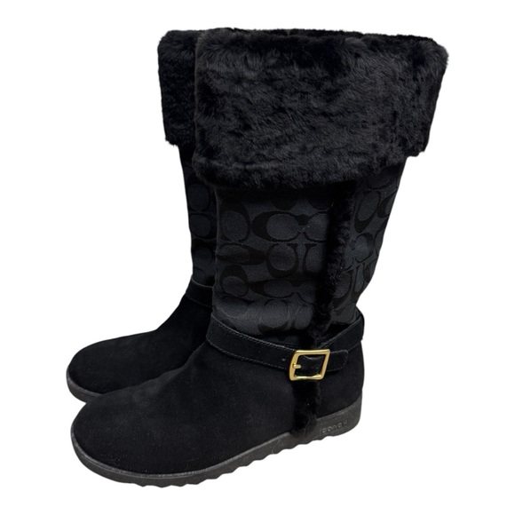 COACH Signature C Deeann Boot Size 7.5 Excellent Condition Fur Winter Boot Black - Picture 1 of 8